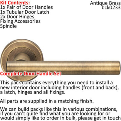 Door Handle & Latch Pack Antique Brass Round T Bar Lever Screwless Round Rose