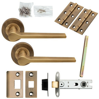 Door Handle & Latch Pack Antique Brass Rounded Lever Screwless Round Rose