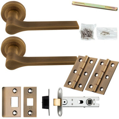Door Handle & Latch Pack - Antique Brass - Slim Modern Lever On Round Rose