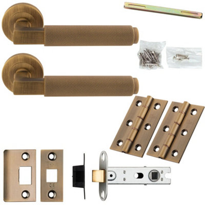 Door Handle & Latch Pack - Antique Brass - Square Knurled Bar Lever On Round Rose