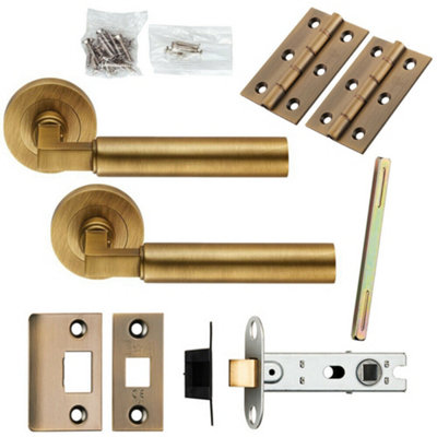 Door Handle & Latch Pack Antique Brass Straight Round Bar Srewless Round Rose