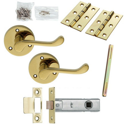 Door Handle & Latch Pack Brass Victorian Scroll Curved Screwless Round Rose