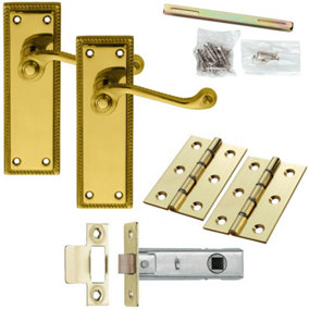 Door Handle & Latch Pack Brass Victorian Scroll Lever Turn Reeded Backplate