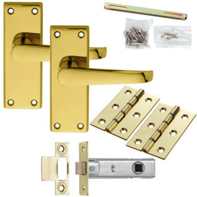 Door Handle & Latch Pack Brass Victorian Straight Lever Square Backplate