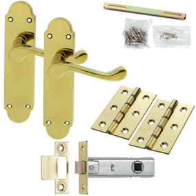Door Handle & Latch Pack Brass Victorian Upturn Lever Turn Rounded Backplate