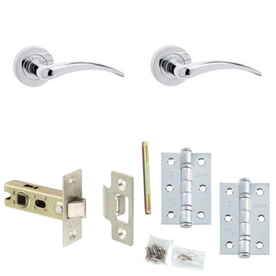 Door Handle & Latch Pack Chrome Curved Lever Round Plain On Rose