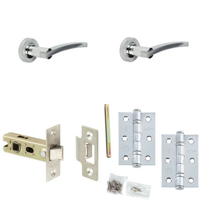 Door Handle & Latch Pack - Chrome Curved Lever Round Plain On Rose