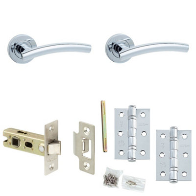 Door Handle & Latch Pack Chrome Curved Premium Rounded Lever Round Plain On Rose