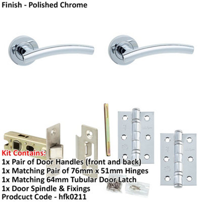Door Handle & Latch Pack Chrome Curved Premium Rounded Lever Round Plain On Rose