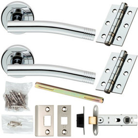 Door Handle & Latch Pack Chrome Modern Angled Arch Bar on Screwless Round Rose