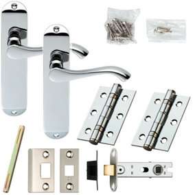 Door Handle & Latch Pack Chrome Modern Scroll Lever Round Backplate 180 x 40mm