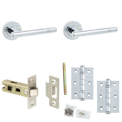 Door Handle & Latch Pack Chrome Ridged Premium Rounded Lever Round Plain On Rose