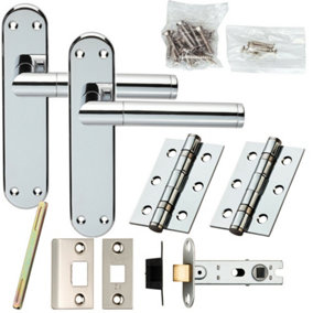 Door Handle & Latch Pack Chrome Round Straight Bar Lever Backplate 180 x 40mm