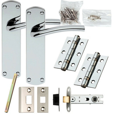 Door Handle & Latch Pack Chrome Rounded Arched Lever on Backplate 170 x 42mm