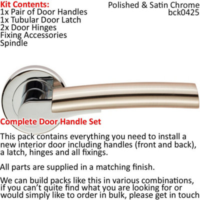 Door Handle & Latch Pack Chrome & Satin Nickel Curved Screwless Round Rose