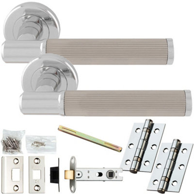 Door Handle & Latch Pack - Chrome & Satin Nickel - Flared Lined Reeded Lever On Round Rose