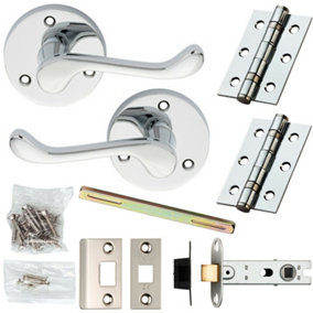 Door Handle & Latch Pack Chrome Victorian Scroll Curved Lever 58mm Round Rose