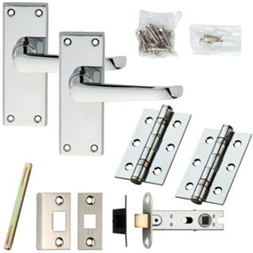Door Handle & Latch Pack Chrome Victorian Straight Lever Backplate 150 x 42mm