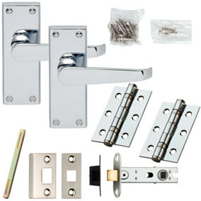 Door Handle & Latch Pack Chrome Victorian Straight Lever on Plate Complete Set