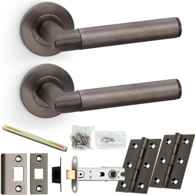 Door Handle & Latch Pack - Dark Bronze Mitred Knurled Bar Lever On Round Rose