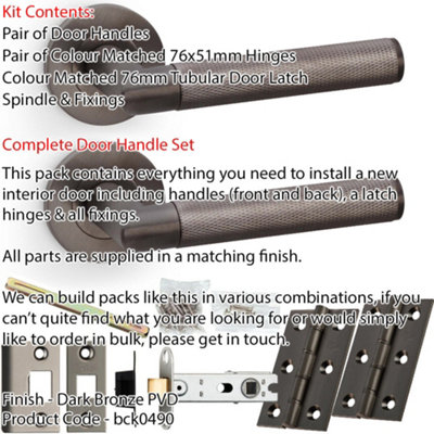 Door Handle & Latch Pack - Dark Bronze Mitred Knurled Bar Lever On Round Rose