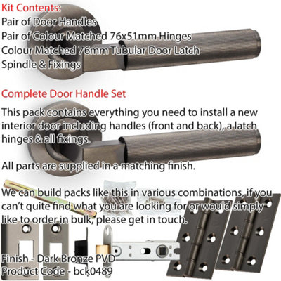 Door Handle & Latch Pack - Dark Bronze - Mitred Reeded Lined Lever On Round Rose