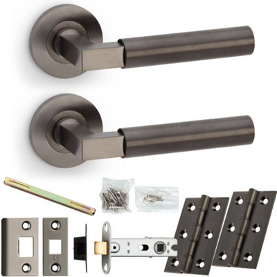 Door Handle & Latch Pack - Dark Bronze - Mitred Smooth Bar Lever On Round Rose