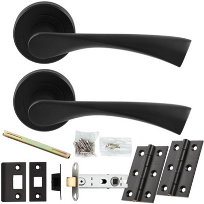 Door Handle & Latch Pack - Matt Black - Modern Twist Bar Lever On Round Rose