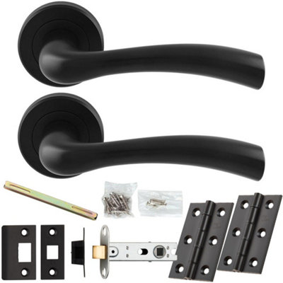 Door Handle & Latch Pack - Matt Black - Rounded Curved Bar Lever On Round Rose