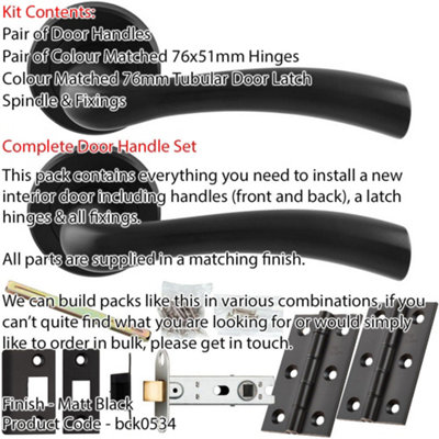 Door Handle & Latch Pack - Matt Black - Rounded Curved Bar Lever On Round Rose