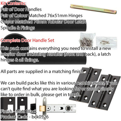 Door Handle & Latch Pack - Matt Black - Rounded Smooth Mitred Lever On Round Rose