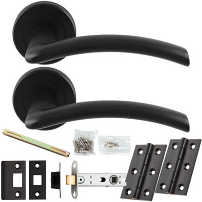 Door Handle & Latch Pack - Matt Black - Slim Curved Bar Lever On Round Rose