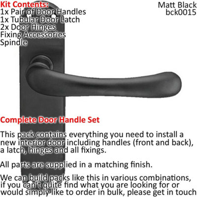 Door Handle & Latch Pack Matt Black Smooth Rounded Lever Slim Curved ...