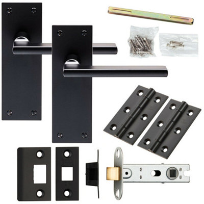 Door Handle & Latch Pack Matt Black Straight Flat Bar Lever Slim ...