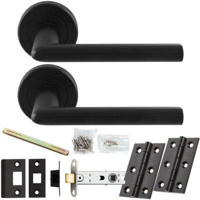 Door Handle & Latch Pack - Matt Black - Thin Slim Straight Bar Lever On Round Rose