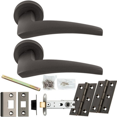 Door Handle & Latch Pack - Matt Bronze - Chunky Curved Arched Lever On Round Rose