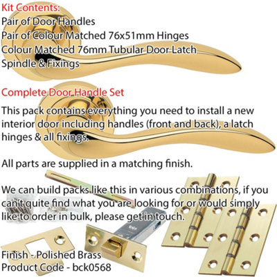 Door Handle & Latch Pack - Polished Brass - Smooth Scroll Lever On Round Rose