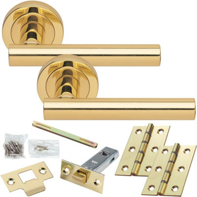 Door Handle & Latch Pack - Polished Brass - Straight Round Bar Lever On Round Rose