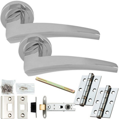 Door Handle & Latch Pack - Polished Chrome - Chunky Curved Arched Lever On Round Rose