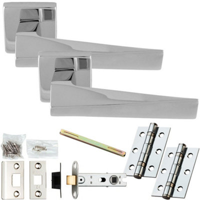 Door Handle & Latch Pack - Polished Chrome - Chunky Twist Bar Lever On Square Rose