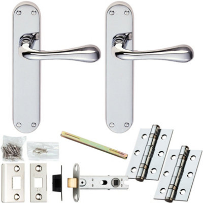Door Handle & Latch Pack - Polished Chrome - Flared End Lever On Rounded Backplate