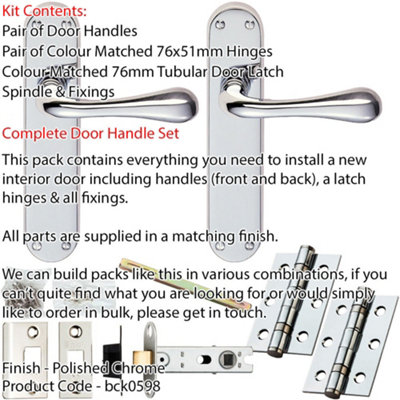 Door Handle & Latch Pack - Polished Chrome - Flared End Lever On Rounded Backplate