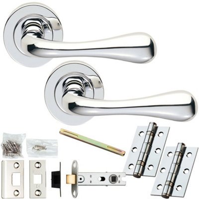 Door Handle & Latch Pack - Polished Chrome - Flared Short Bar Lever On Round Rose