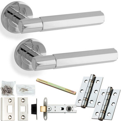 Door Handle & Latch Pack - Polished Chrome - Industrial Hex Lever On Round Rose