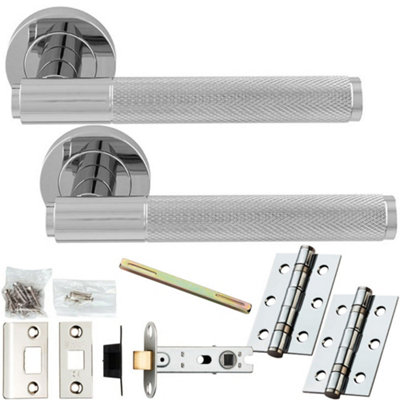 Door Handle & Latch Pack - Polished Chrome - Knurled Straight Bar Lever On Round Rose