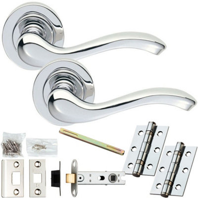 Door Handle & Latch Pack - Polished Chrome - Modern Scroll Bar Lever On Round Rose