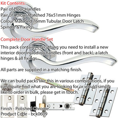 Door Handle & Latch Pack - Polished Chrome - Modern Scroll Bar Lever On Round Rose