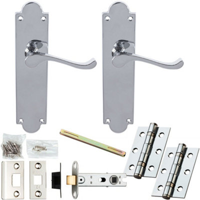Door Handle & Latch Pack - Polished Chrome - Modern Scroll Lever On Scalloped Backplate