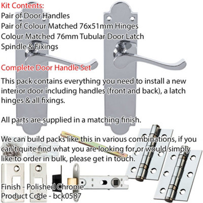 Door Handle & Latch Pack - Polished Chrome - Modern Scroll Lever On Scalloped Backplate