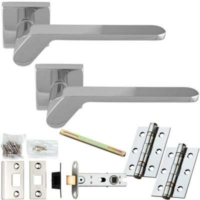 Door Handle & Latch Pack - Polished Chrome - Slim Angled Bar Lever On Square Rose